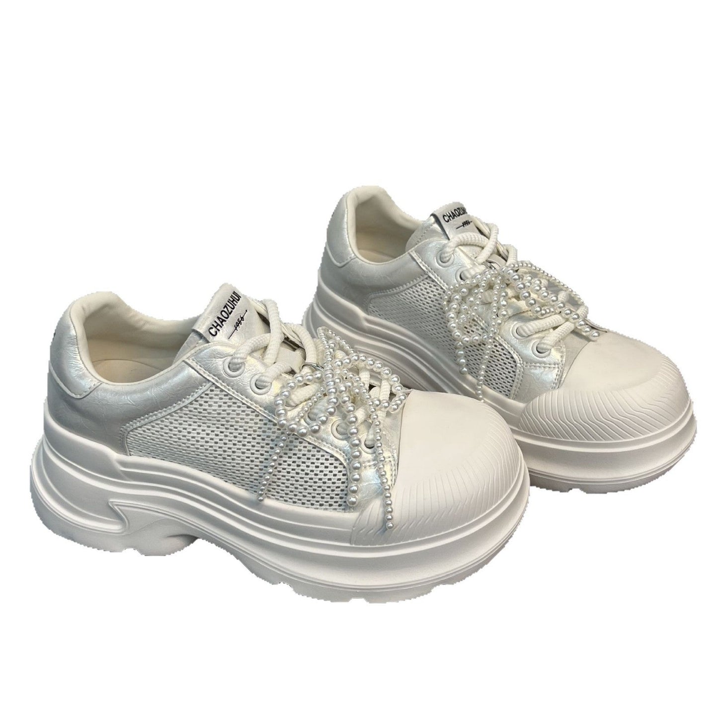 Damen Sneaker Sportlich Mesh Design Perlen Schnürsenkel