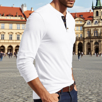 Herren Langarmshirt Elegantes Henley-Shirt Mit Knöpfen Modern