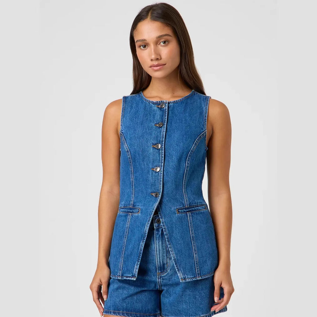 Damen Jeansweste Taillierte Form Knopfverschluss Modern