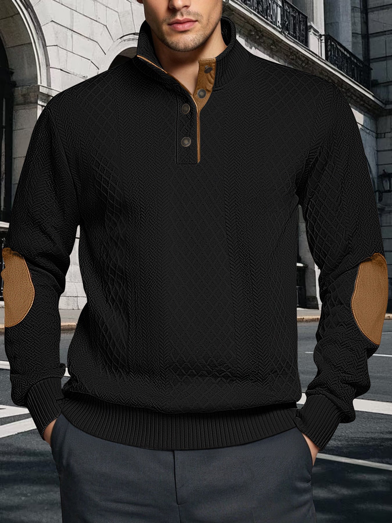 Herren Strickpullover Strukturiert Leder Patches Modern