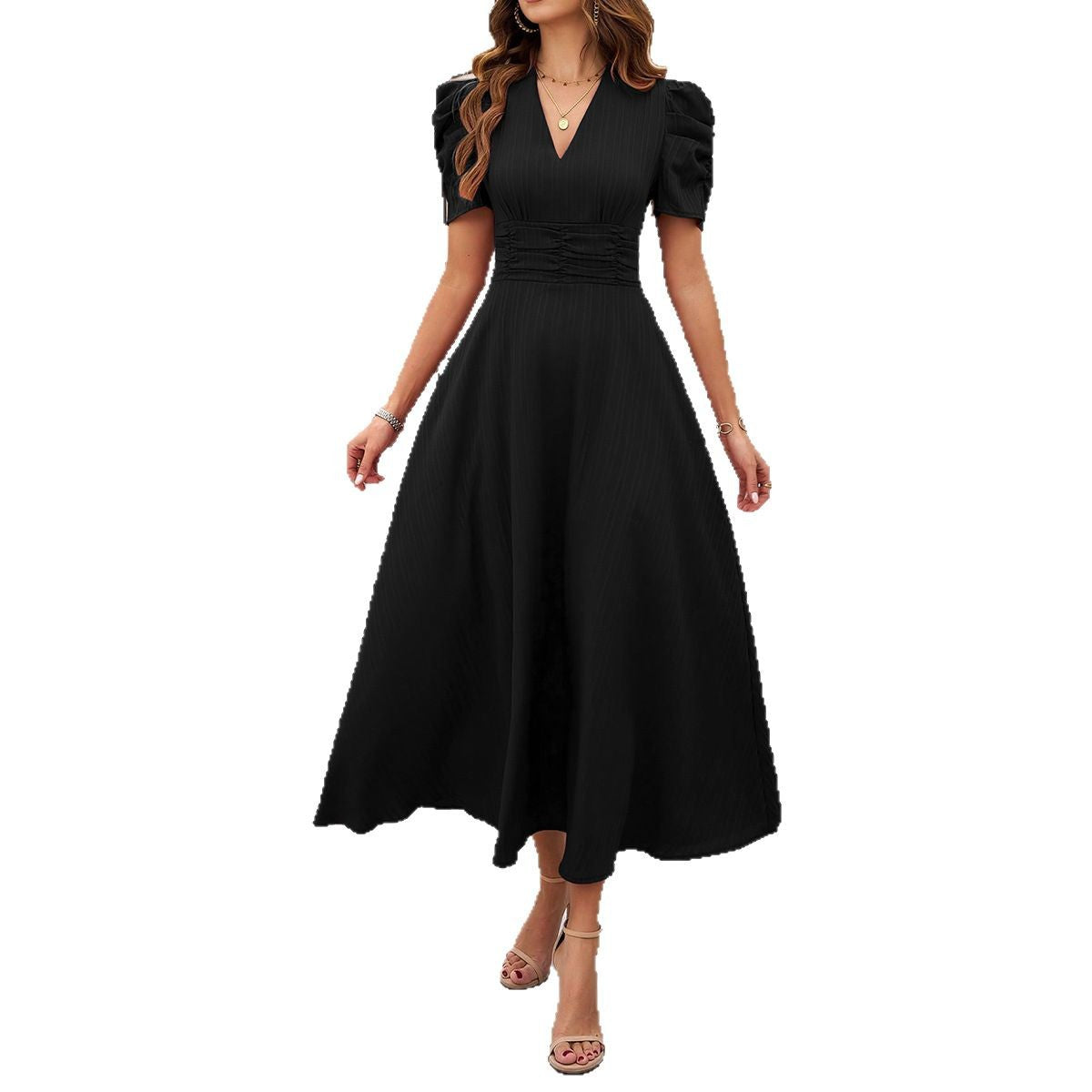 Damen Kleid Midi V-Ausschnitt Puffärmel Elegant