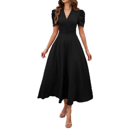 Damen Kleid Midi V-Ausschnitt Puffärmel Elegant