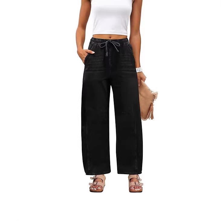 Damen Jeanshose Weite Bein Elastischer Bund