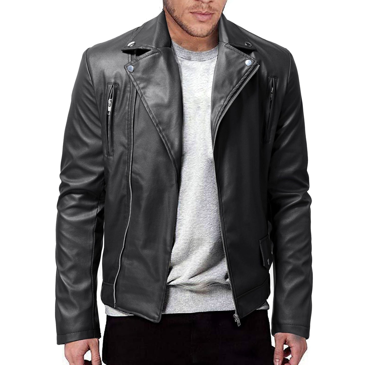 Herren Lederjacke Biker Stil mit Taschen Schwarz