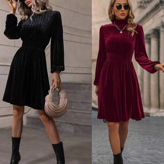 Elegantes Damen Samtkleid Langärmlig Hochgeschlossen - BerlinGlamour