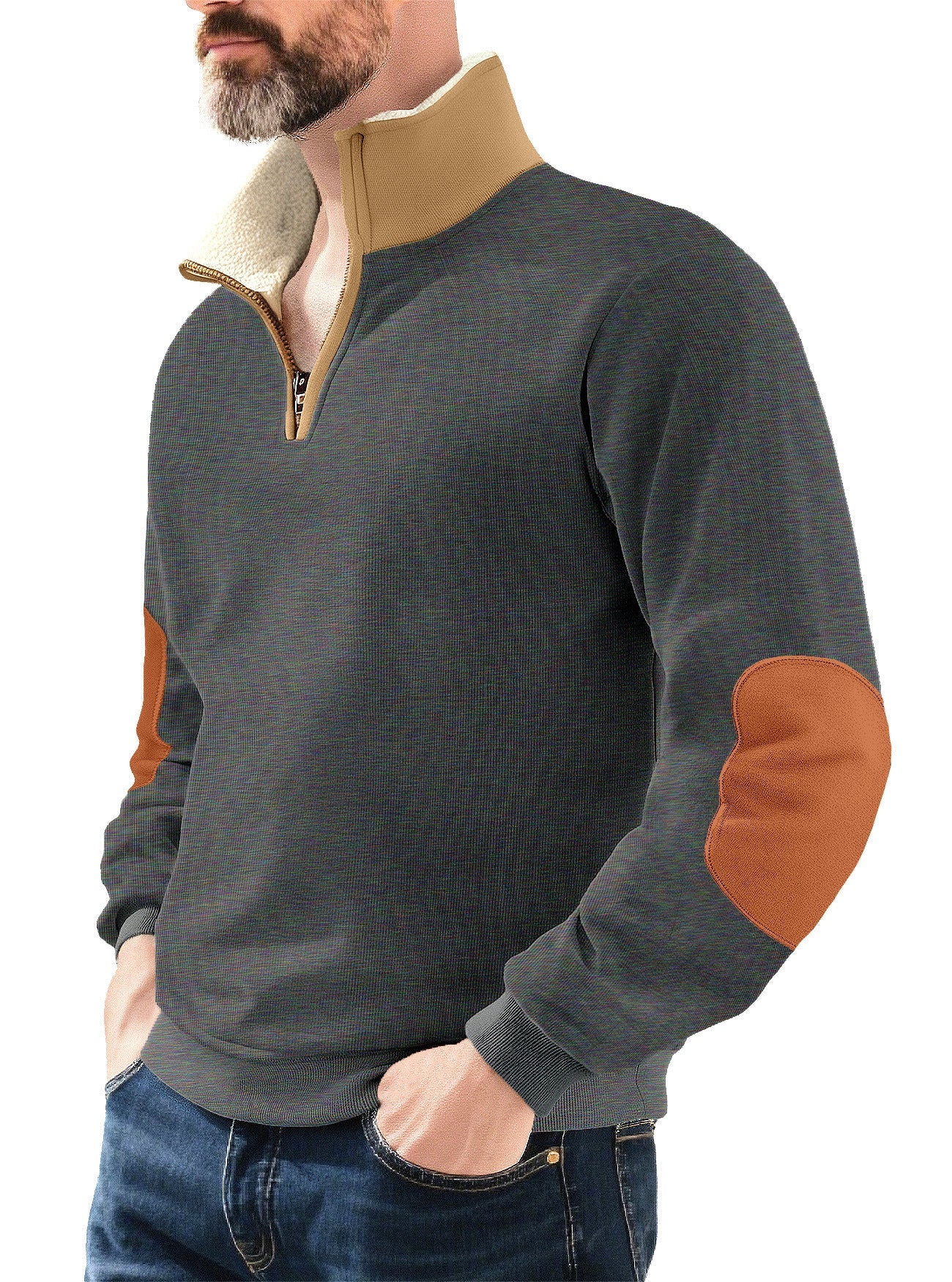 Herren Pullover Fleece Stehkragen Kontrast Ellenbogen