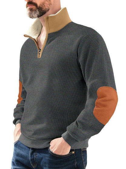 Herren Pullover Fleece Stehkragen Kontrast Ellenbogen
