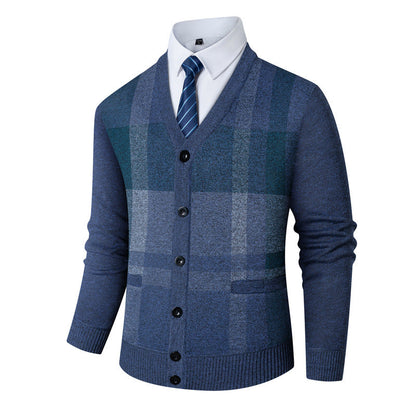 Herren Strickjacke V-Ausschnitt Klassisch Karomuster Modern