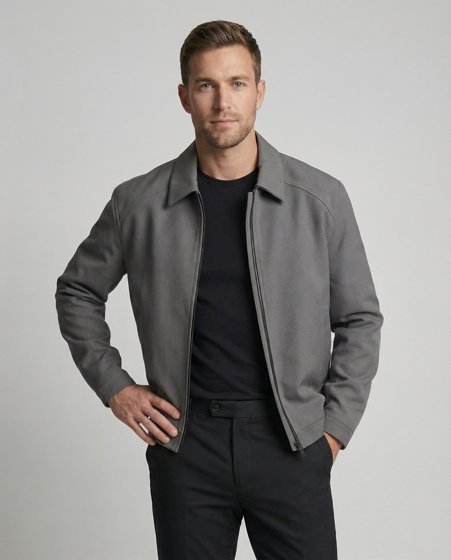 Herren Reißverschlussjacke Kurz Slim Fit Hemdkragen Modern - BerlinGlamour