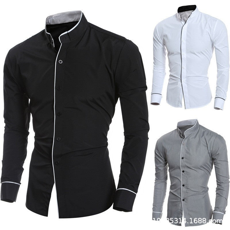 Herren Langarmhemd Modern Stehkragen Kontrastnähte Elegant - BerlinGlamour
