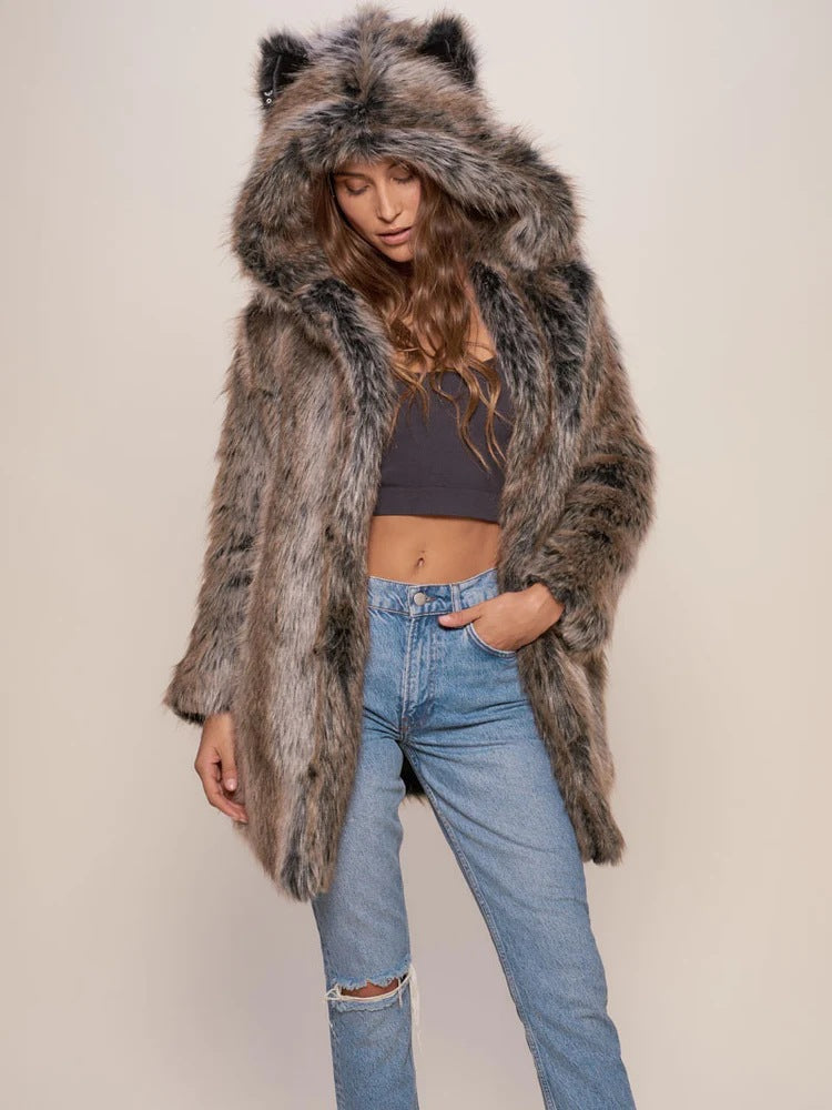 Damen Faux-Fur-Mantel mit Kapuze Warm und Ohrenschützer