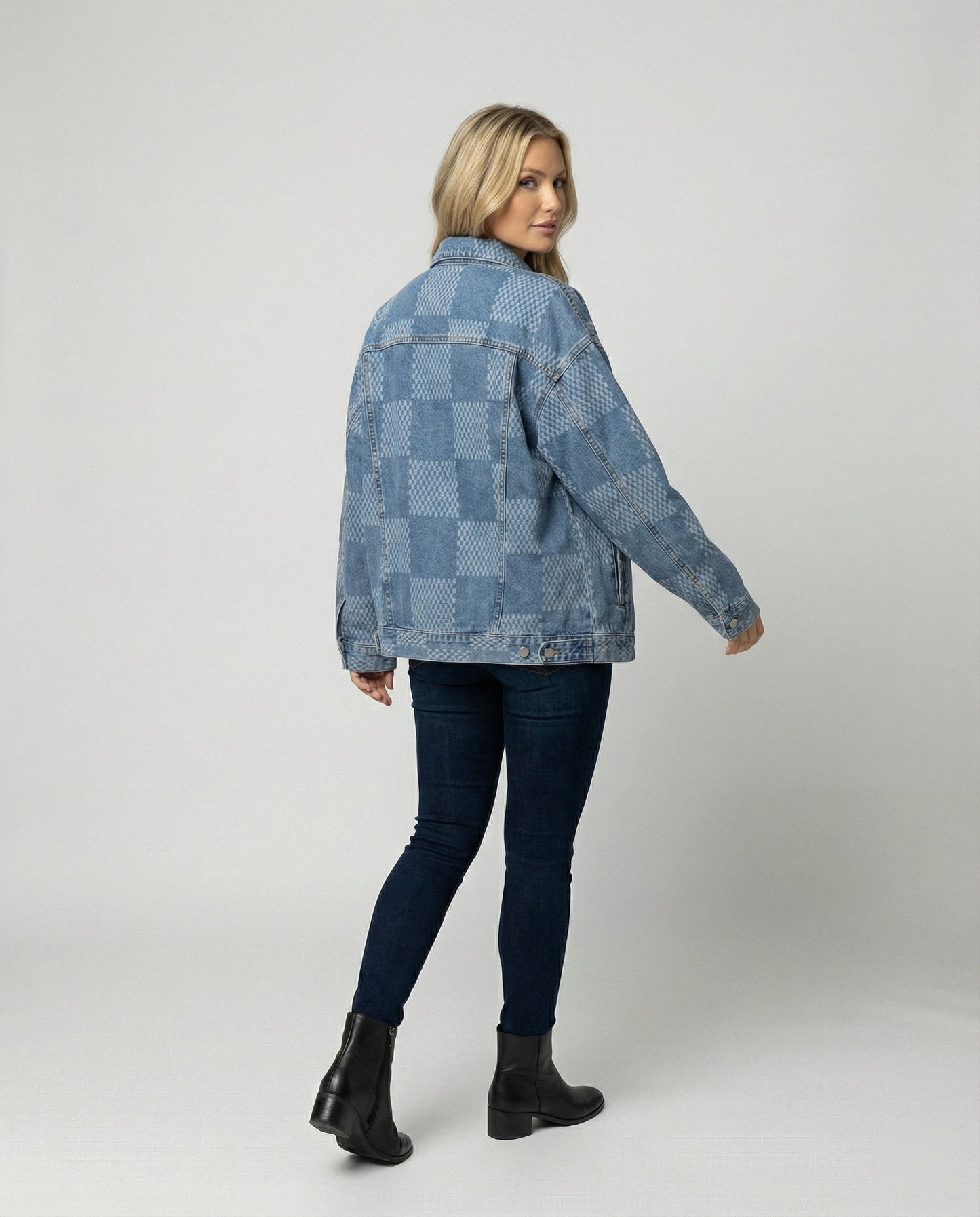 Damen Jeansjacke Schachbrettmuster Oversized Urban Style