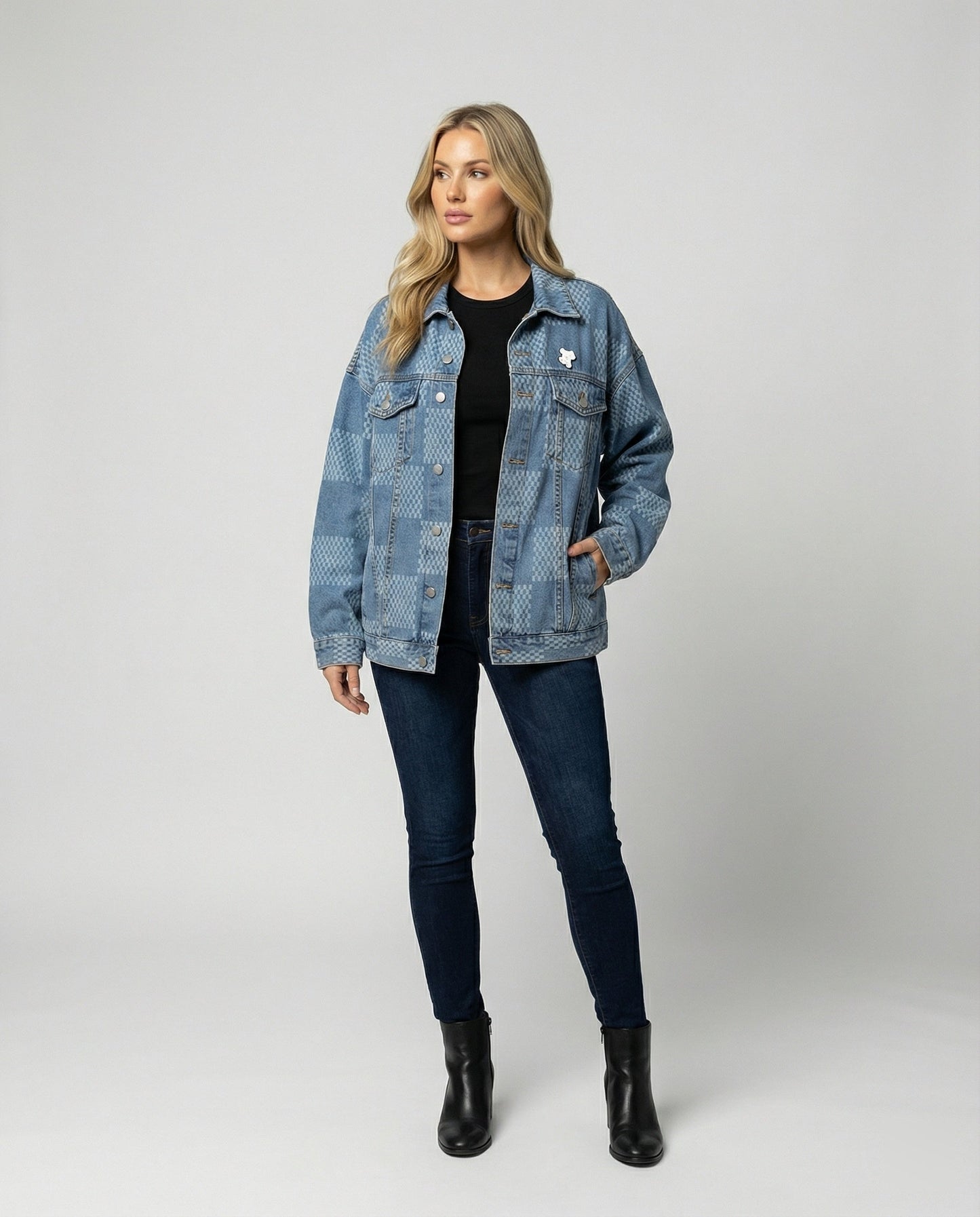 Damen Jeansjacke Schachbrettmuster Oversized Urban Style