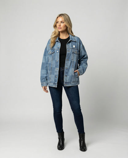 Damen Jeansjacke Schachbrettmuster Oversized Urban Style