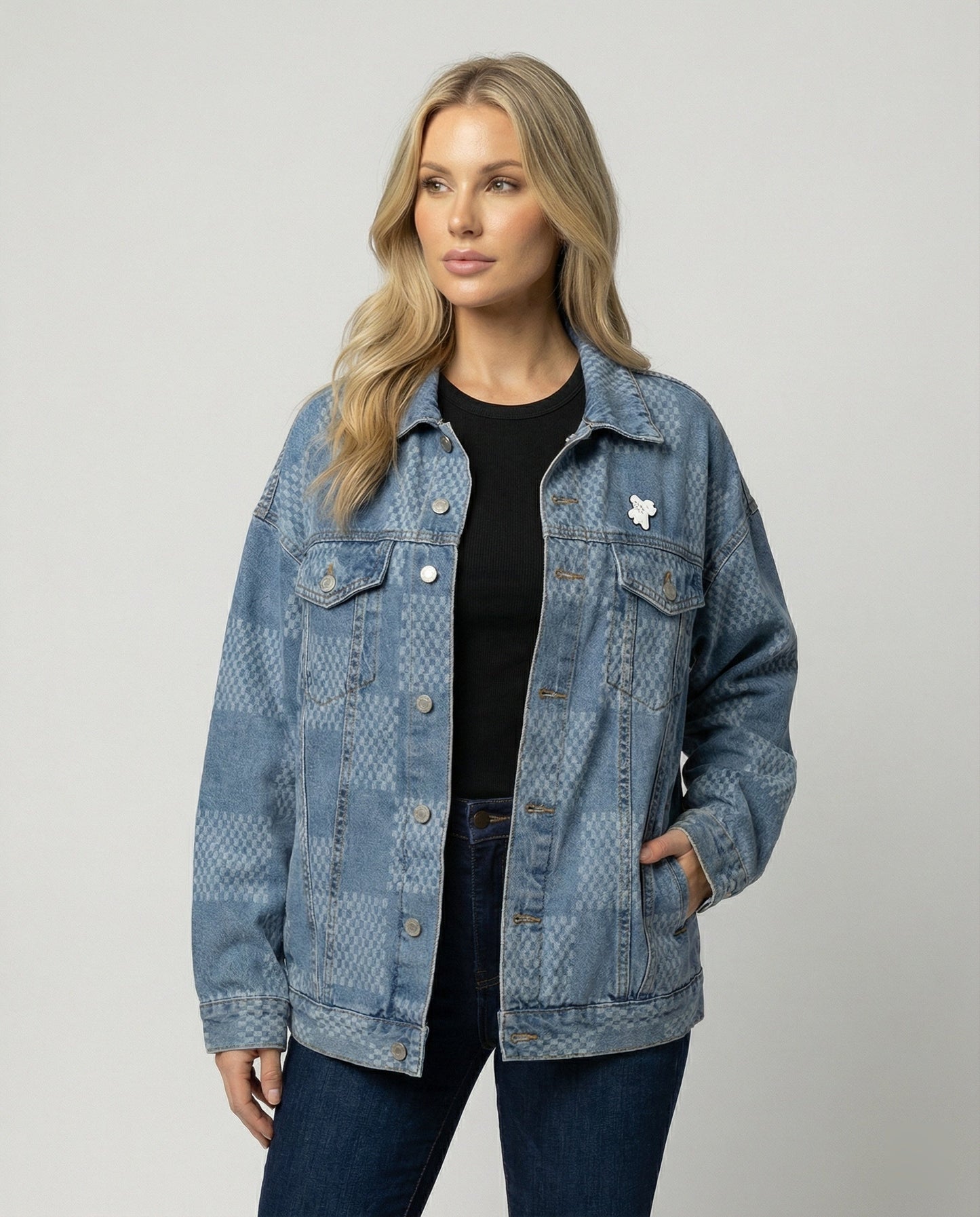 Damen Jeansjacke Schachbrettmuster Oversized Urban Style - BerlinGlamour