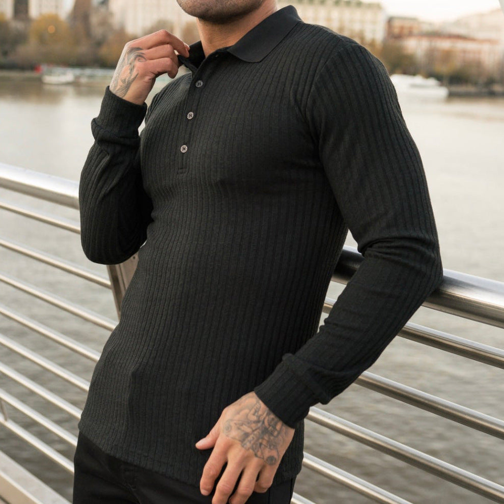 Herren Poloshirt Langarm Elegantes Strukturiert