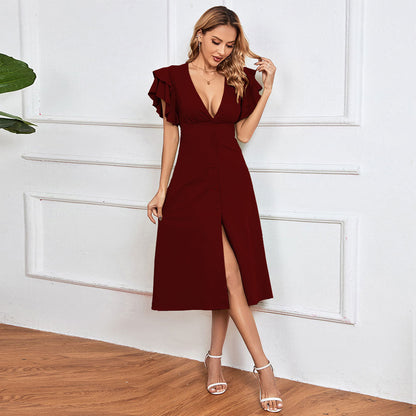 Damen Kleid V-Ausschnitt Rüschen Midikleid Elegant