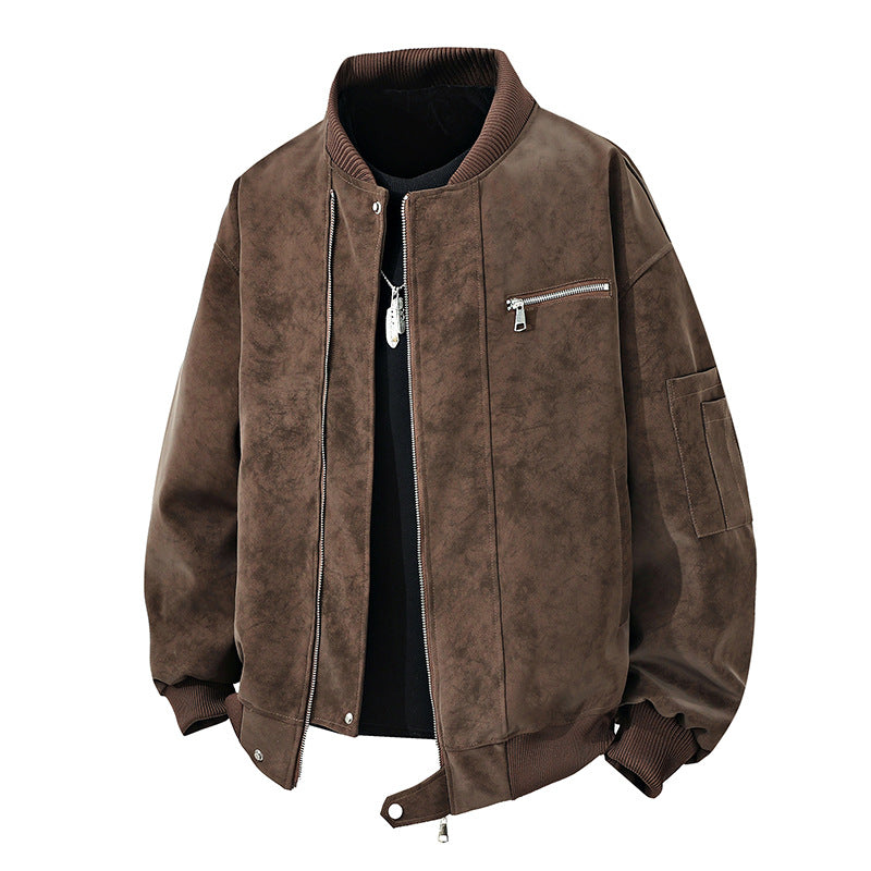 Herren Bomberjacke Vintage Style Reißverschluss Leder Optik