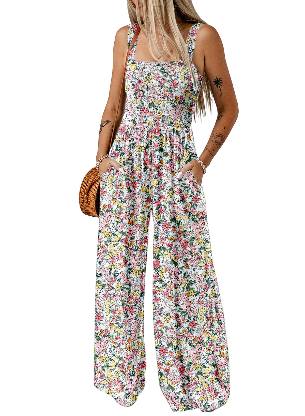 Damen Jumpsuit Frühling Blumenmuster Weites Bein Elegant
