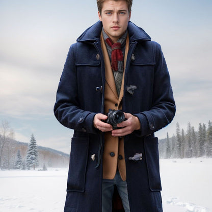 Herren Dufflecoat Wintermantel Wolle Kapuze Knöpfe Elegant - BerlinGlamour