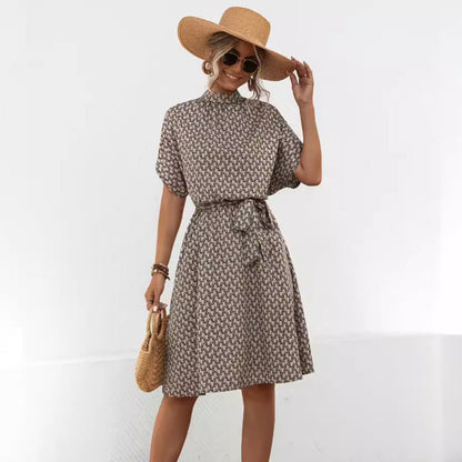 Damen Kleid Bogenmuster Hochkragen Mit Gürtel Elegant