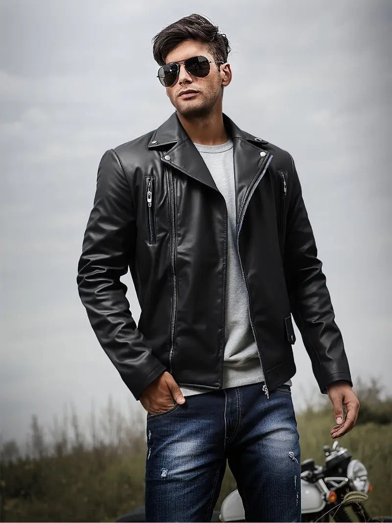 Leder Bikerjacke Herren Steppnaht Schwarz