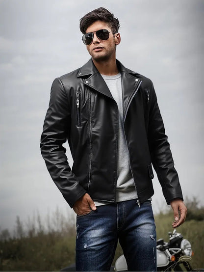 Leder Bikerjacke Herren Steppnaht Schwarz