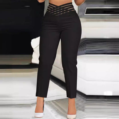 Damen Hose High Waist Stretch Modern Mit Gitterbund