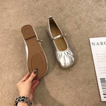 Damen Ballerinas Flach Schuhe mit Riemchen und Falten Optik