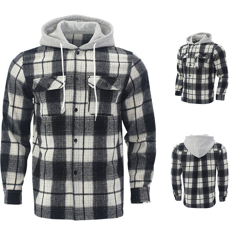 Herren Flanelljacke kariert mit Kapuze und Brusttaschen