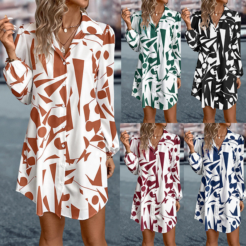 Damen Kleid Geometrischer Druck Knopfverschluss Modern