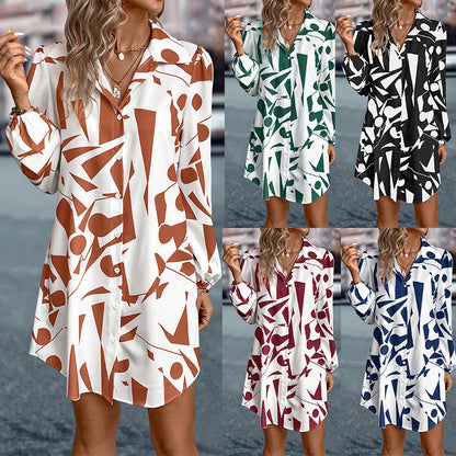 Damen Kleid Geometrischer Druck Knopfverschluss Modern