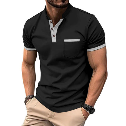 Herren T-Shirt Kurzarm mit Knopfkragen und Brusttasche Modern