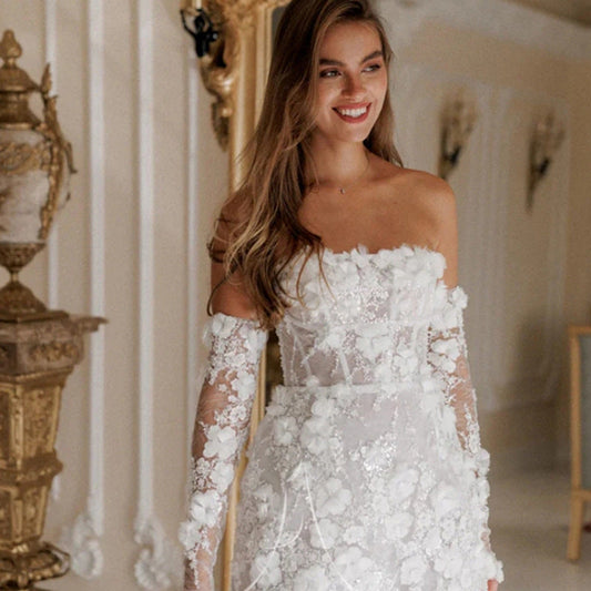 Hochzeitskleid Damen Elegant Boho Langärmlig Floral - BerlinGlamour