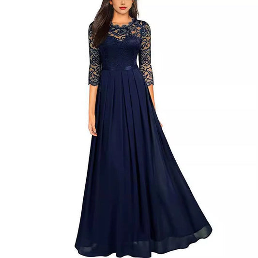 Elegantes Maxikleid Damen Langärmlig Spitze Chiffon Abendkleid - BerlinGlamour