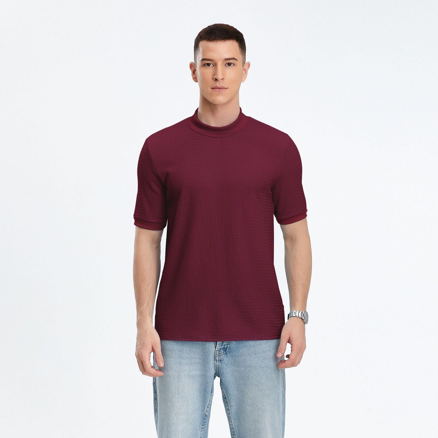 Herren T-Shirt Kurzarm Modern Stehkragen Strukturstoff