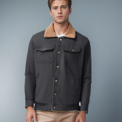 Herren Canvasjacke Robust Teddykragen Leder Optik - BerlinGlamour