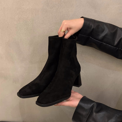 Damen Boots Veloursleder Hochabsatz Elegante Schuhe