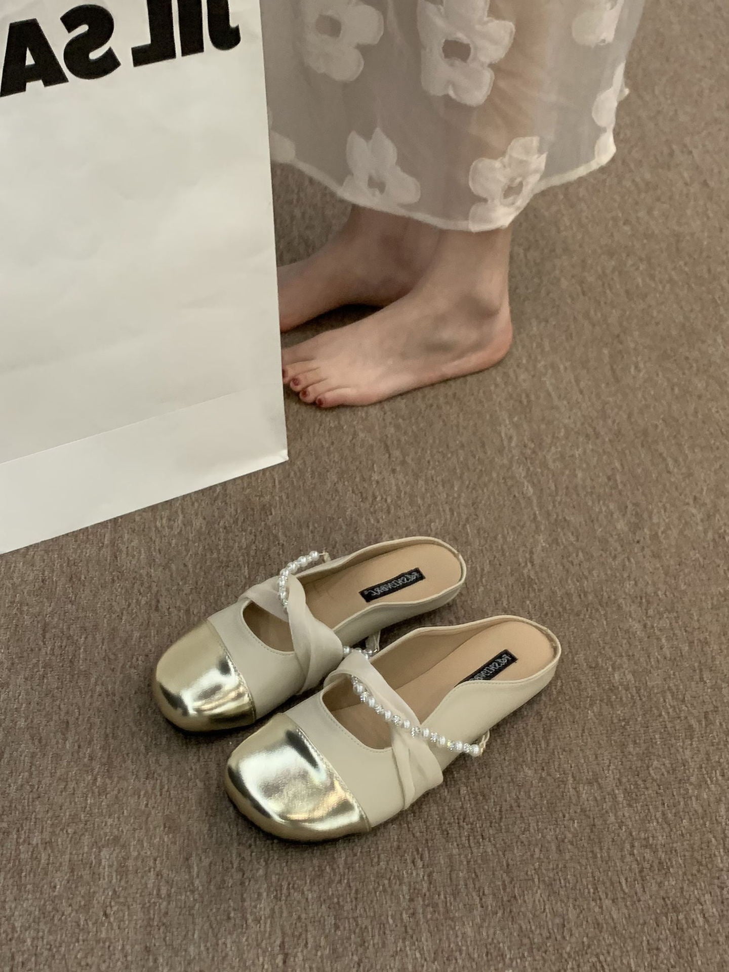 Damen Ballerina Schuhe Elegante Perlen Pantoletten