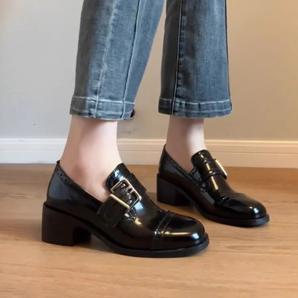 Damen Schnürschuhe Elegant Schnalle Detail Schwarz