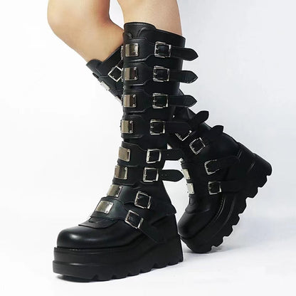 Damen Plattformstiefel Schnallen-Design Stabil Modisch - BerlinGlamour