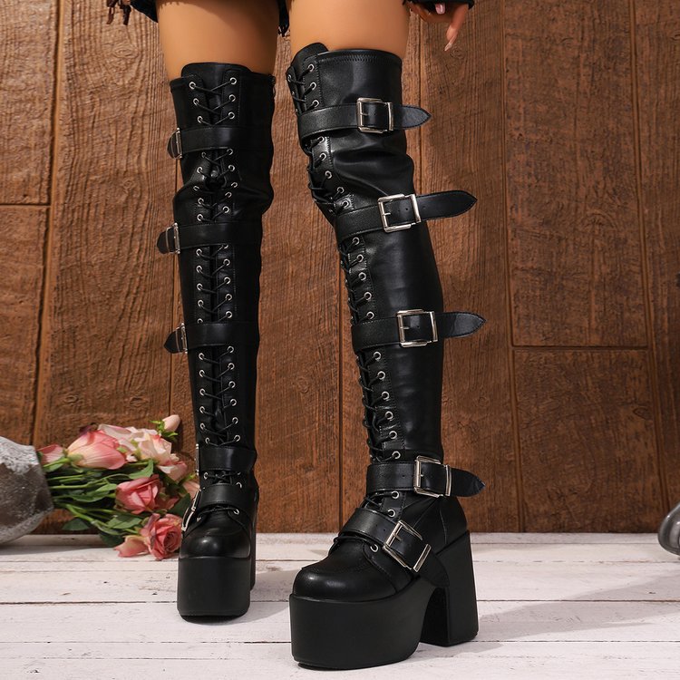 Damen Overknee Stiefel Plateau Schnalle Hochhackig Modern