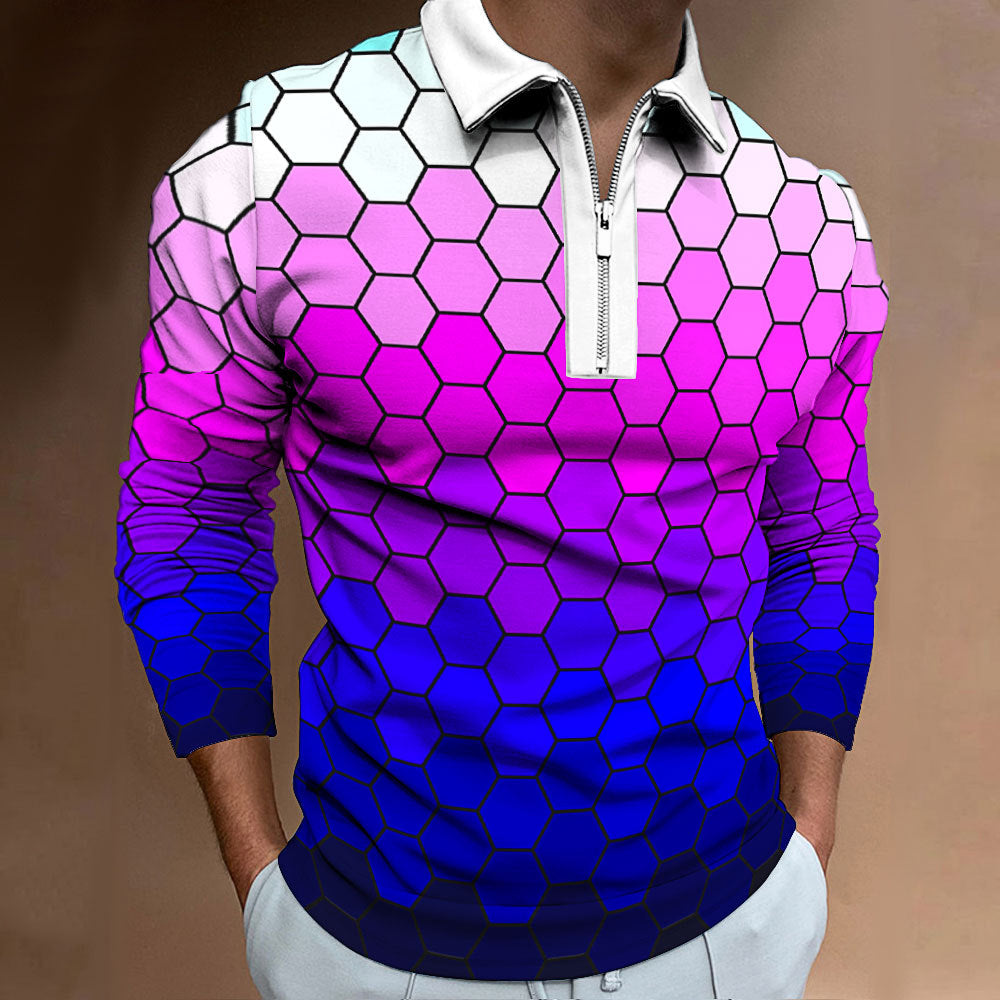 Herren Polo-Shirt Modern Wabenmuster Kontrast Reißverschluss