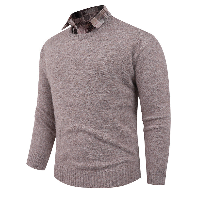 Herren Pullover Rundhals Fein mit Hemdkragen Modern