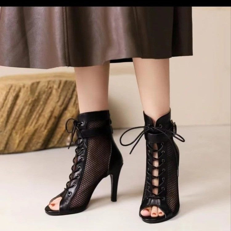 Damenschuhe Schnürstiefeletten Netz Elegant Absatz - BerlinGlamour