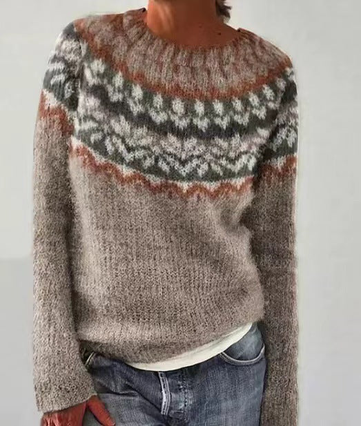 Vintage Pullover Damen braun grau mit Muster
