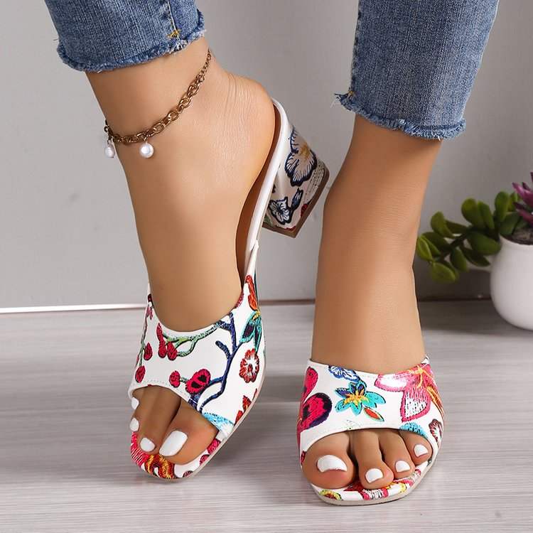 Damen Mules mit Blumenmuster und Komfortabsatz
