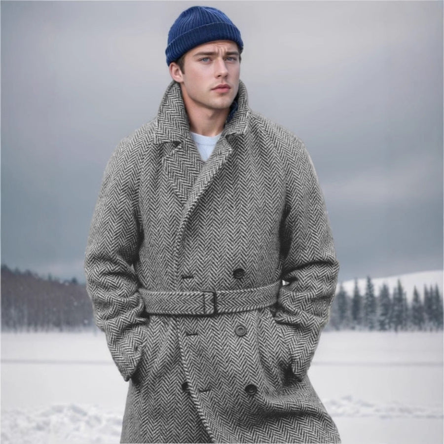 Eleganter Herren Wollmantel Fischgrat Muster Modern