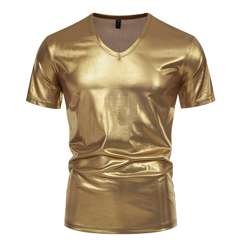 Herren T-Shirt V-Ausschnitt Stretch Glänzend Modern