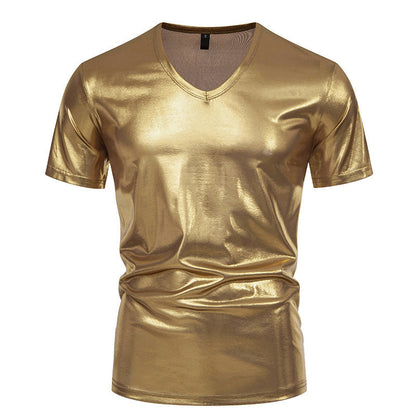 Herren T-Shirt V-Ausschnitt Stretch Glänzend Modern